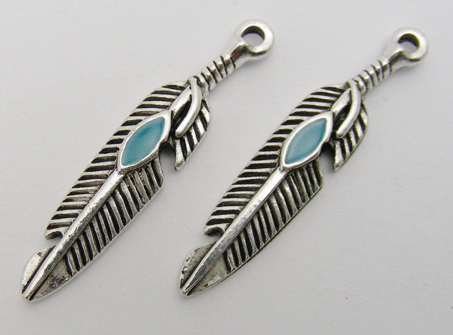 Feather Charms with Turquoise Colored Enamel Accent 27mm x 5mm