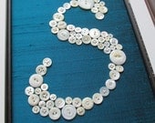 Custom Vintage Mother of Pearl Button Monogram on Peacock Blue Silk -- 8"x10" Ready-To-Frame -- (frame not included)