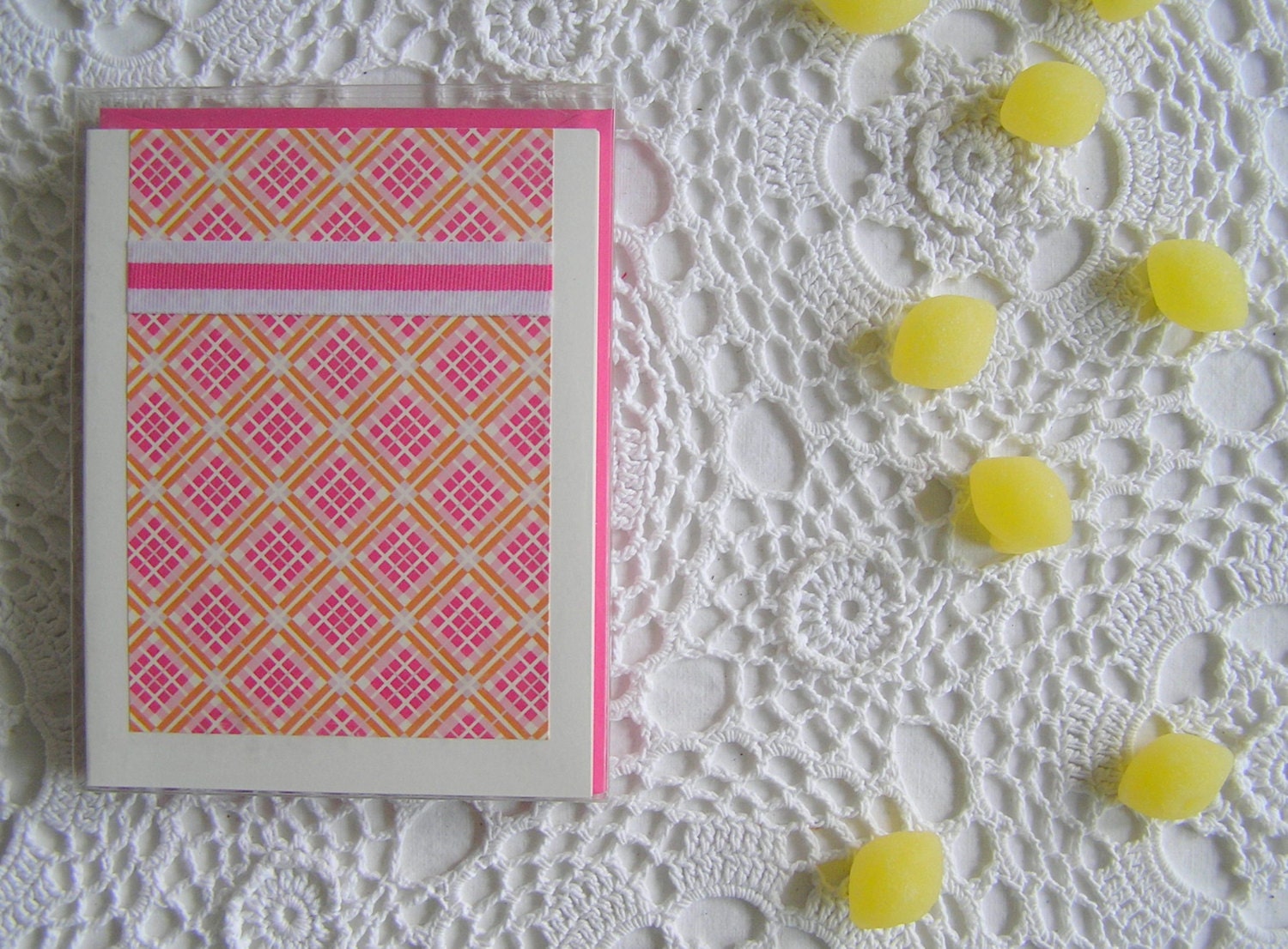 Preppy Pink & Orange Piaid Blank Cards, Vintage Modern Stationery, Pink and White Striped Grosgrain Ribbon, Set of 5 Notes, SALE