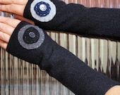 Tubeway Armies Fingerless Gloves Black Arm Warmers - with Handstitched Circles