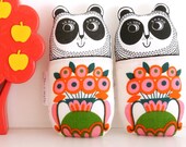 Screen printed handmade toy Panda plush with 70s Scandi Flowery vase vintage fabric by Jane Foster
