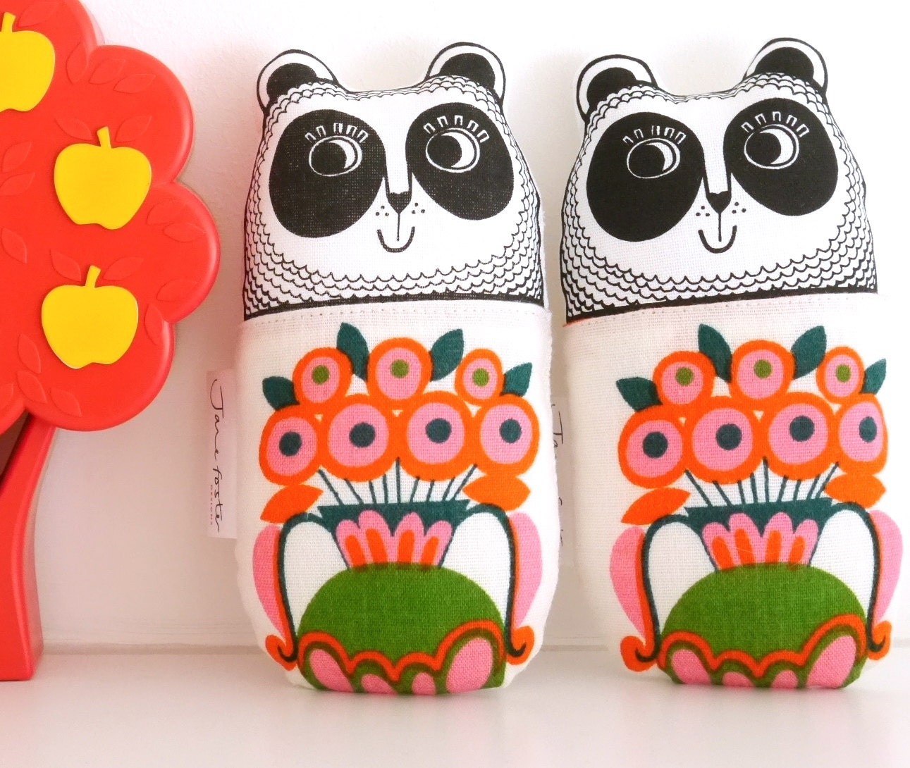 Screen printed handmade toy Panda plush with 70s Scandi Flowery vase vintage fabric by Jane Foster