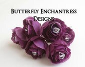Purple Hair Flowers, Wedding Hair Accessories, Bridal Hair Pins - 6 Dk Plum Rose Wedding Hair Pins - Swarovski Crystal Centers