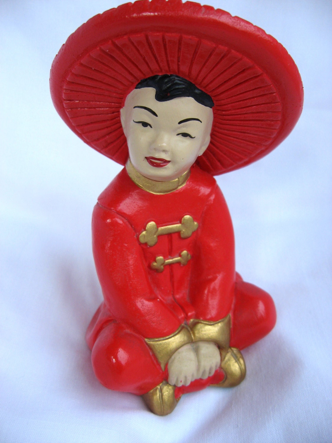 Red Chalk Ware Plaster Figurine Oriental Chinese Man Sitting