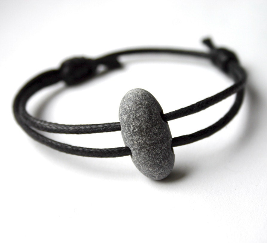 Grey Smooth Beach Stone Adjustable Cotton Knotted Bracelet Double Drilled