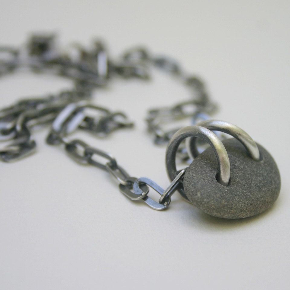 Natural Grey Lake Erie Beach Stone Charm Necklace Long Oxidized Sterling Chain