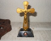 vintage Art Deco religious crucifix Bakelite and brass glass relic heart