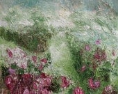 Original oil painting, spring summer garden landscape, roses, 15.5 inches square