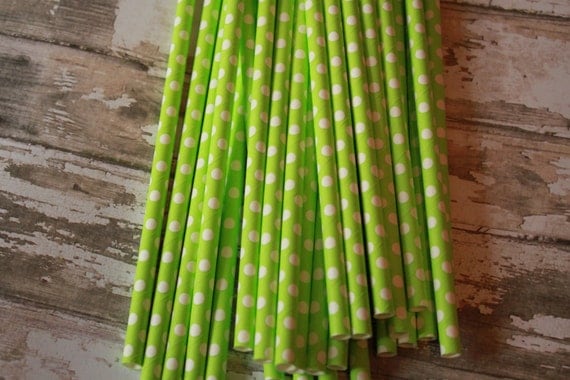 25 Lime Green Mini Dots Party Straws -- Lime Green Paper Drinking Straws Il_570xn