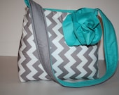 Diaper Bag Book Purse Tote Shoulder Bag  Hobo MARKET BAG Grey Chevron Turquoise Flower More Pockets / messenger strap XcessRize Designs