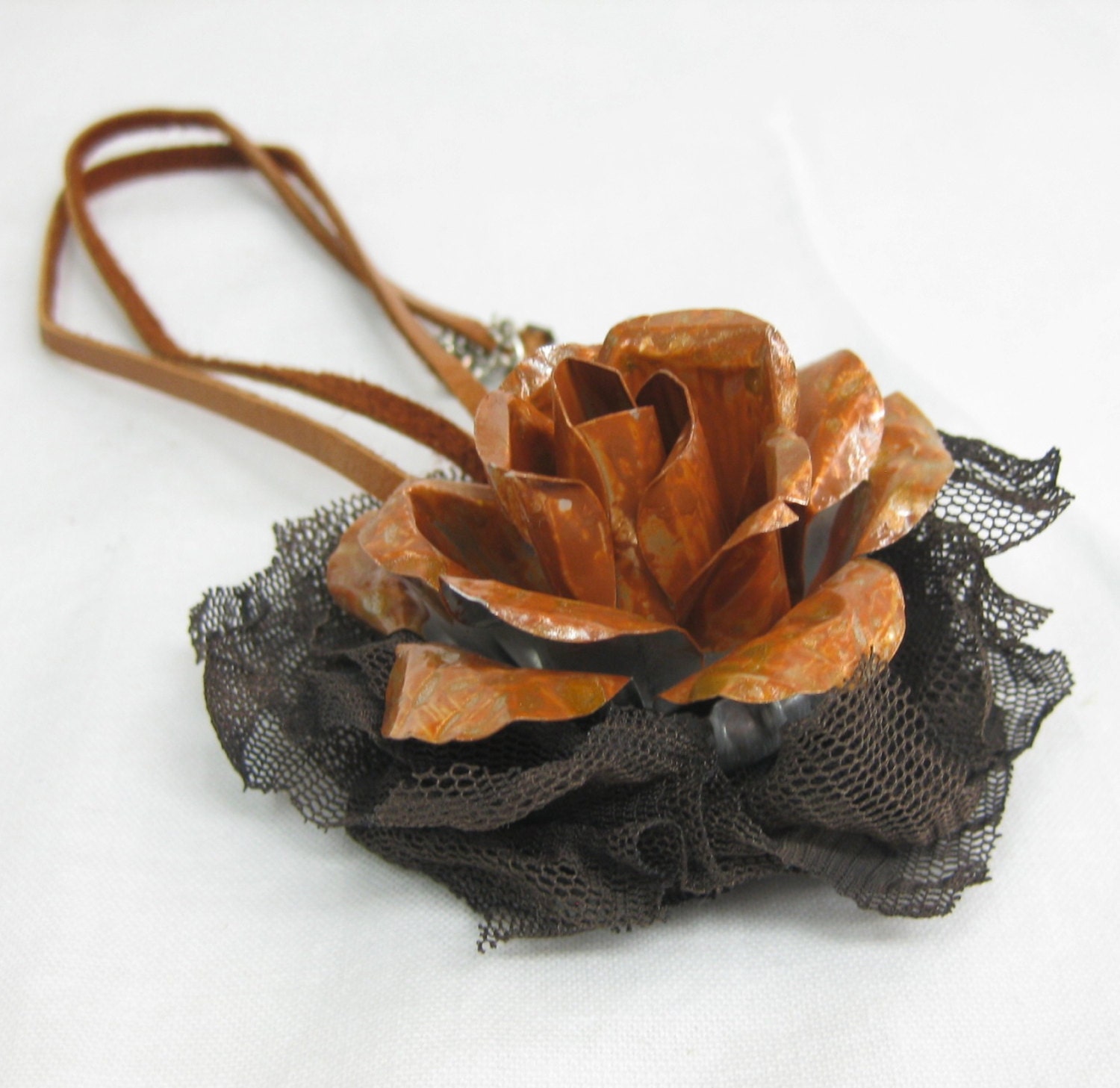 Carmel and Chocolate Metal Rose Shabby Chic Necklace