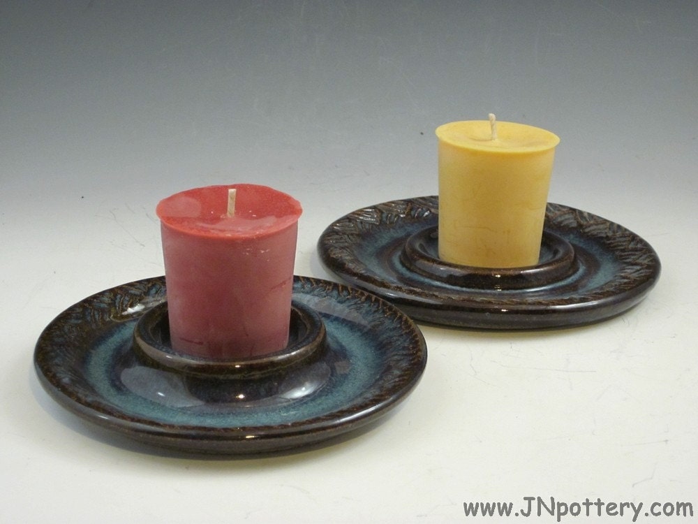 Rustic Stoneware Tea Light Saucer, Ceramic Votive Holder, Blue Brown  v424