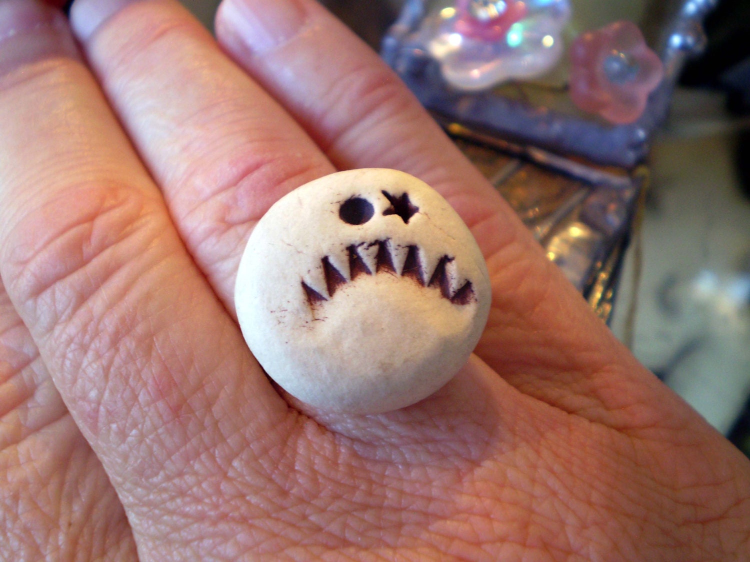 Grumpy Face Mood Ring, Porcelain Clay, Adjustable, OOAK Handmade Geekery Gift