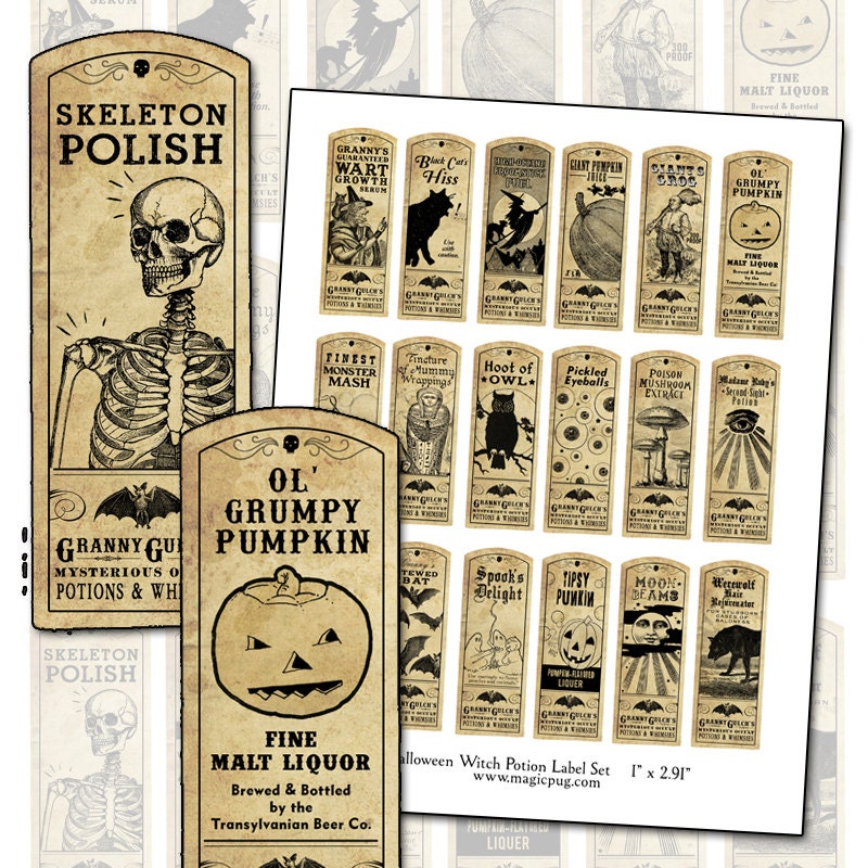 Halloween Witch Potion Label digital collage sheet bat cat holiday wicca 1x3 25mm x 75mm