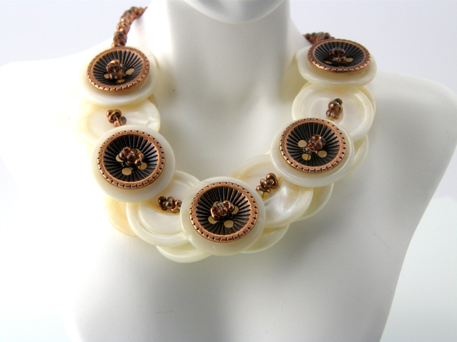 RESERVED  Mother of Pearl Layered Button Necklace Copper Metal Buttons