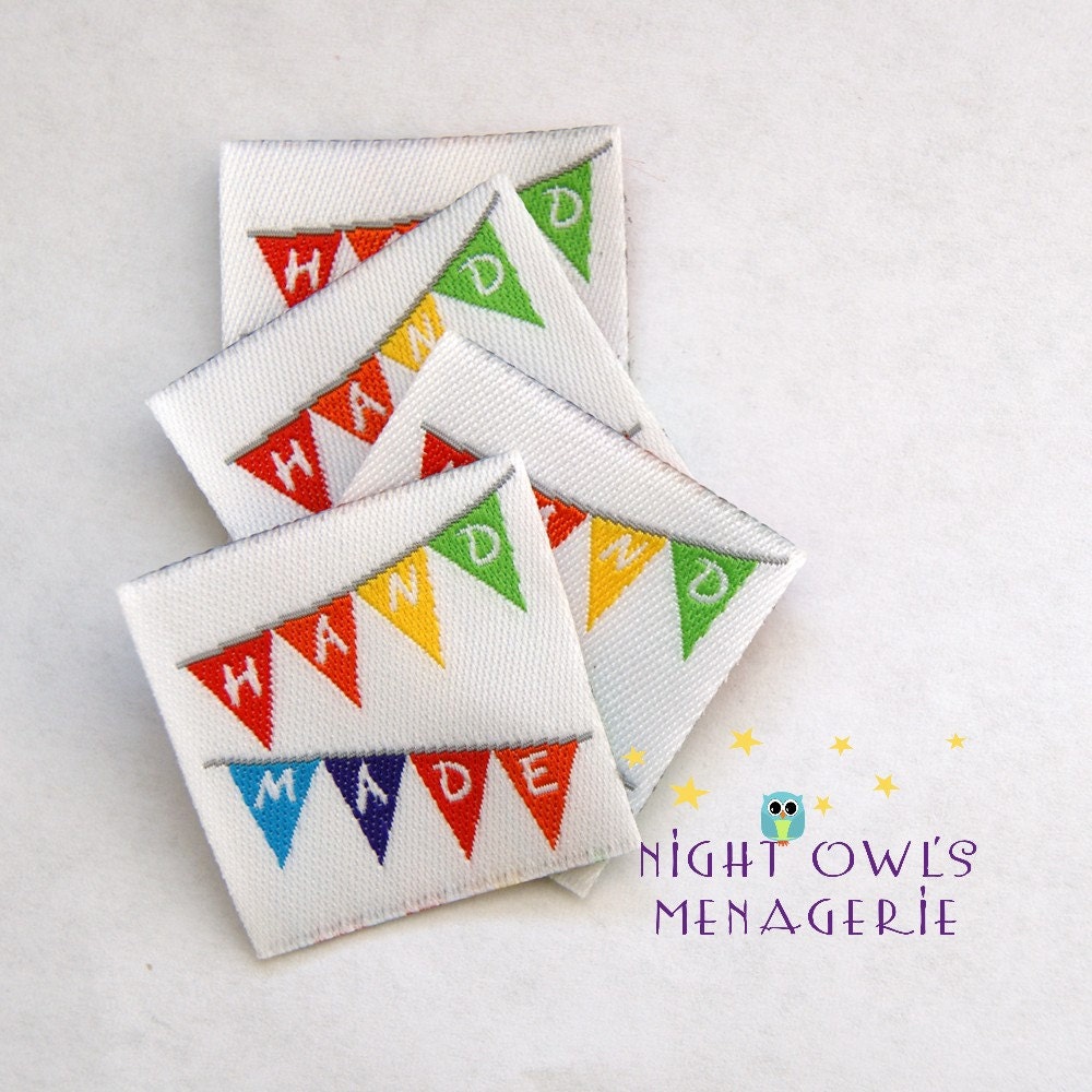 Colorful Banner "Handmade"  Set of 25 Flat Sew On Woven Clothing Labels
