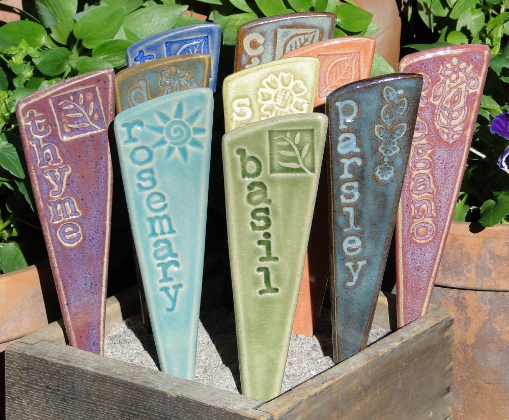 Plant Markers- Herbs/ Garden Stakes - A set of 3 pottery garden markers