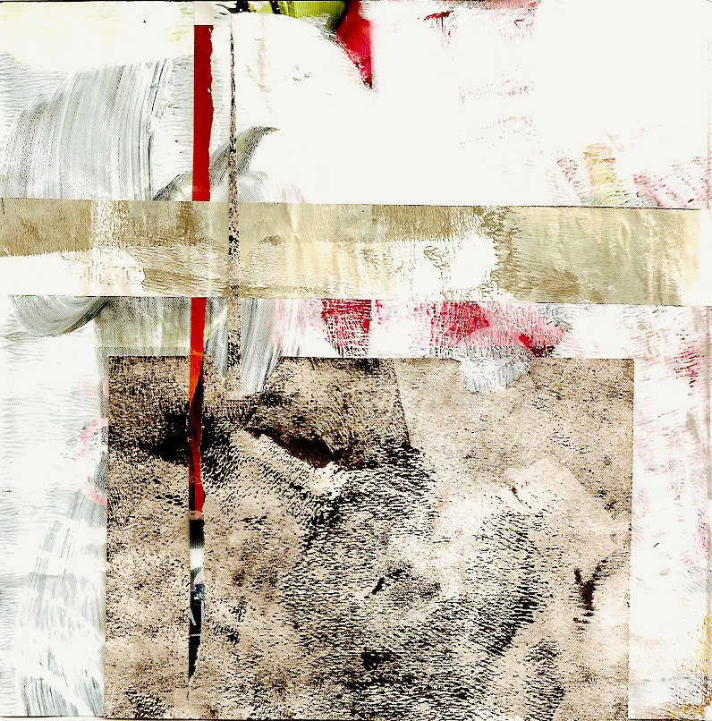 Cardinal's Reflection - Collage with Hand Painted Papers 8 x 8 on 14 x 11 Backing