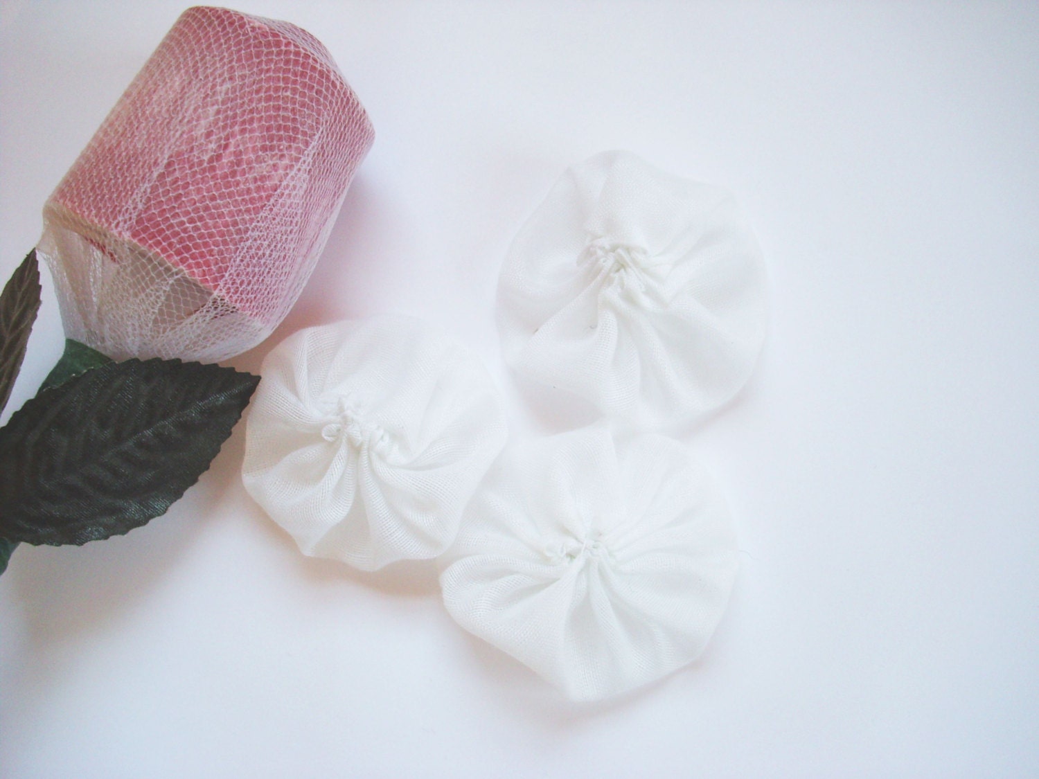 ONE DOLLAR Deals - 3 Large White Sheer Yo Yo Fabric Flowers -Sewn or Glued - PIF Hair Accessories, Jewelry, Ect.