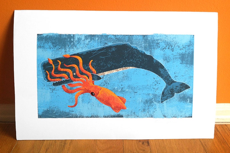 Squid vs. Sperm Whale Art Print. Nautical themed poster. Blue - Orange - Sea - Ocean - Animal - Design