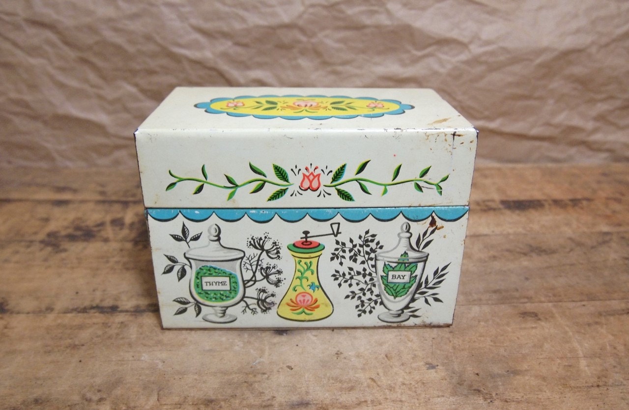 Vintage Retro Mid Century Metal recipe box file box decorated
