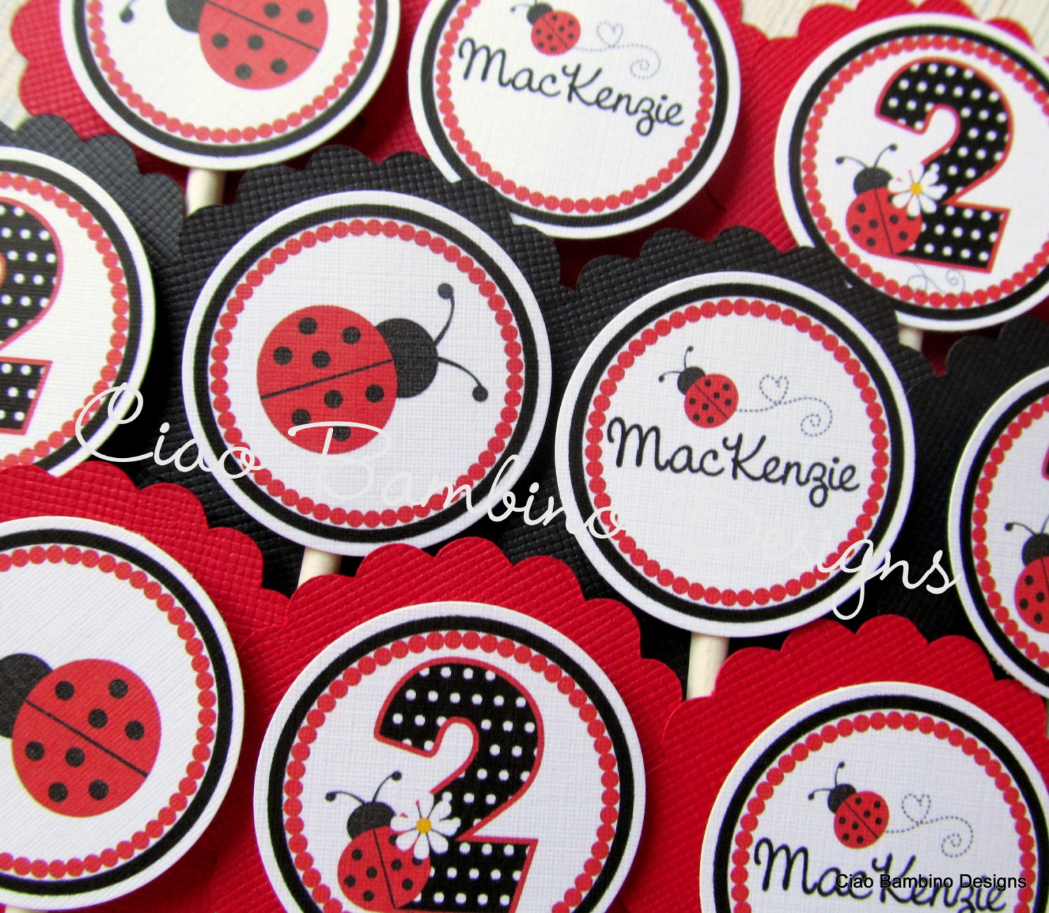 Ladybug Cupcake Toppers - RED and BLACK - Classic Ladybug