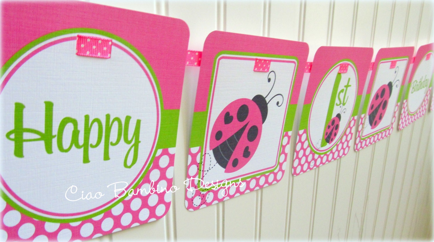 Little Lady - Hot Pink and Lime Green Ladybug - Happy Birthday Banner