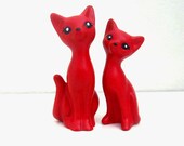 2 Handmade Chalkware Cat Figurines - Red Miniature Love Kitten Couple