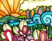 The Hills are Alive   8x8  inch print  Flowers print landscape print beach art print  waves art sunset art print waves painting