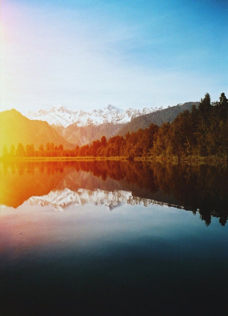 Lake Matheson (film) - approx 18x13cm / 5x7in glossy fine art print - landscape, New Zealand, lightleak, reflection, fpoe