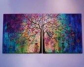 large original oil painting Abstract modern contemporary commission  Folk art Tree ,blue , violet & birds  48- free ship