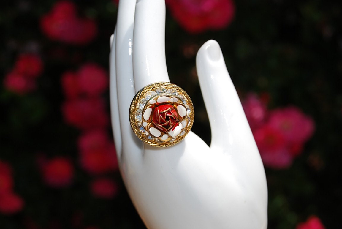 VINTAGE upcycled rose rhinestone layered ring