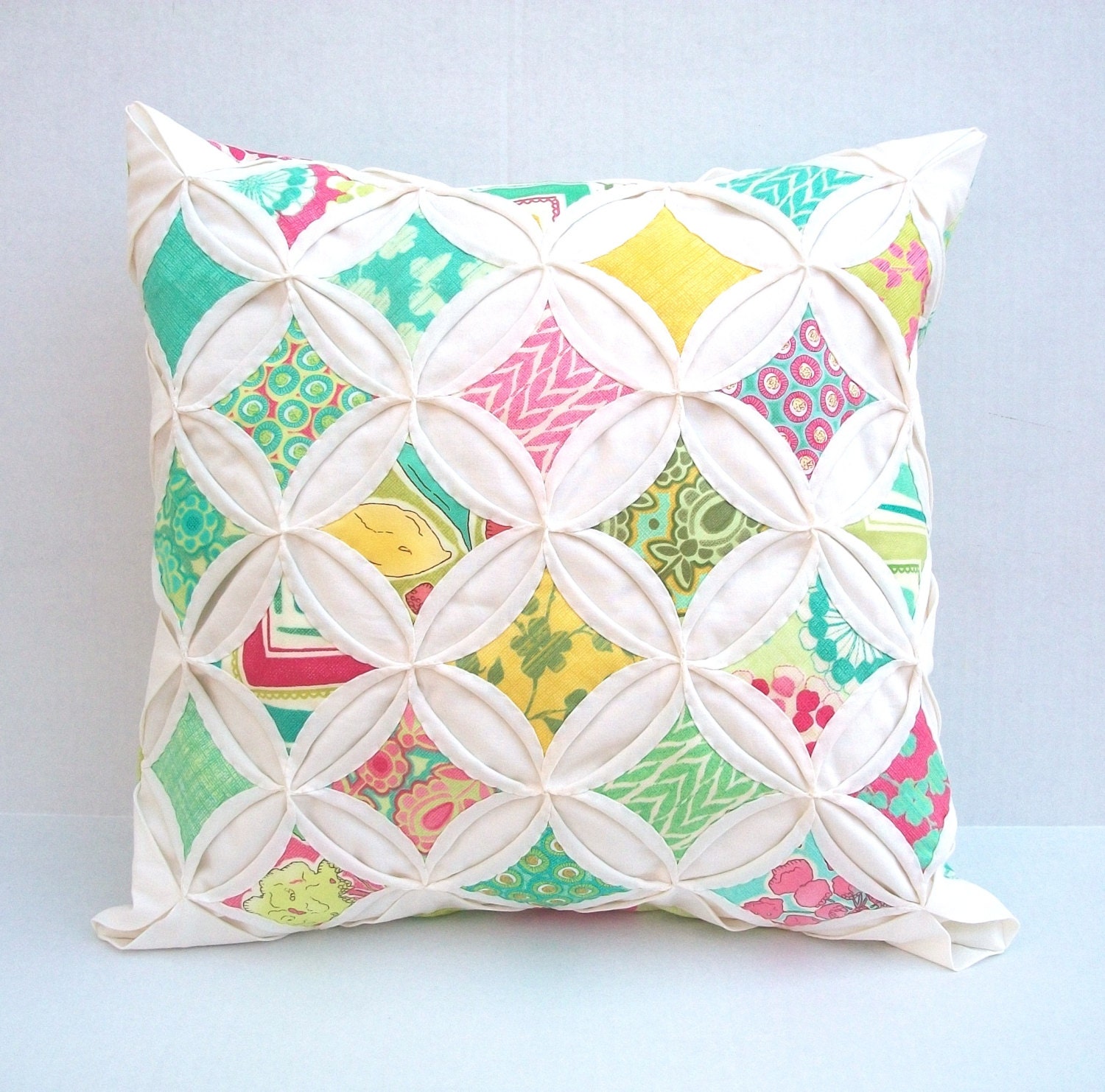 Pillow Cover Turquoise Lime Green Pink Cathedral Window Pillow 18 Inch