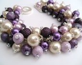 Bridesmaid Jewelry, Wedding, Purple Ivory and Plum Pearl Beaded Bracelet, Cluster Bracelet, Pearl Bracelet, Bridesmaid Gift