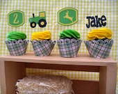 John Deere yellow tractor farm birthday Cupcake toppers Set of 12 - Handmade