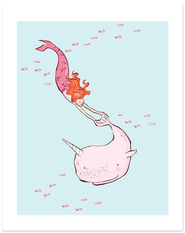 Children's Wall Art Print - Mermaid Games (Turquoise) - 8x10 - Kids Nursery Room Decor