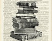 books - stack of antique books in black and white -  printed on page from old dictionary