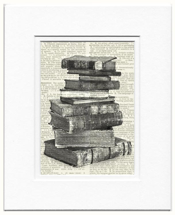 stack of antique books -  printed on page from old dictionary