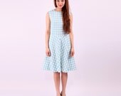 60s Flare Dress /  White and Turquoise Checked Dress / sz Small to Medium