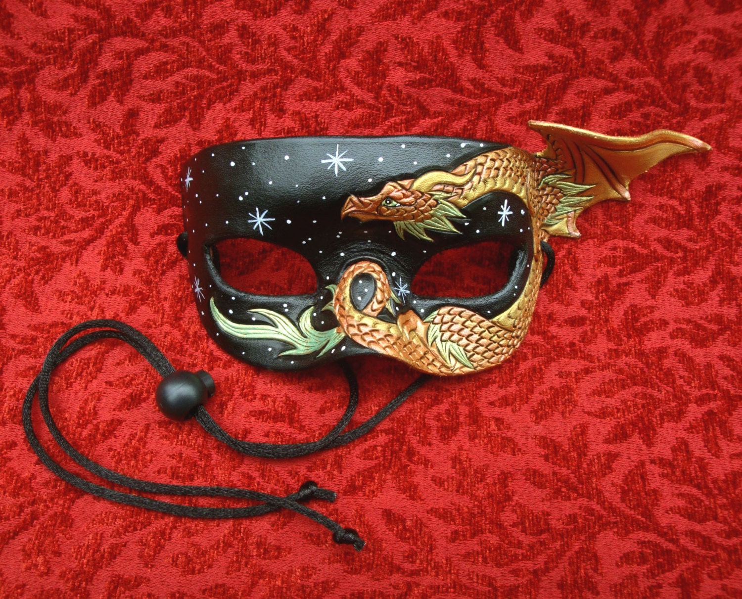 Copper, Gold, and Green Dragon Mask... Starry Night.... hand made original leather mask
