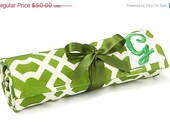 25% OFF Bridal Sale Personalized Gift of the Year: Organic Fabric Travel Jewelry Roll with Monogram - Limited Edition Geo Tile Moss Green