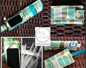25% OFF Bridal Sale iPhone Wallet with Grip Assistant Handle - NEW Teal Emerald Mod Art Deco Four Leaf Retro Print
