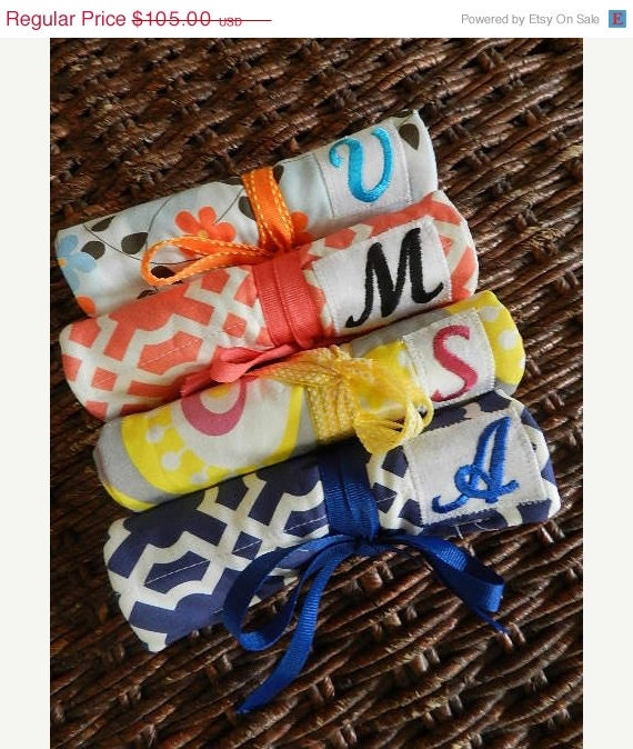 25% OFF Bridal Sale Bridesmaids Set of 3 Organic Fabric Travel Jewelry Roll with Monogram Organic Hand-Printed Fabrics
