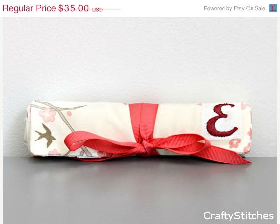 25% OFF Bridal Sale Travel Jewelry Roll in Cherry Blossom Red Coral Maroon with Embroiderd Monogram