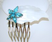 Ocean Blue Beach Wedding Hair Comb Aqua Rhinestone Starfish Mother of Pearl Hairpiece Aquamarine Bridal