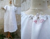 Vintage 1900s French long Linen Shirt with red monogram size  L