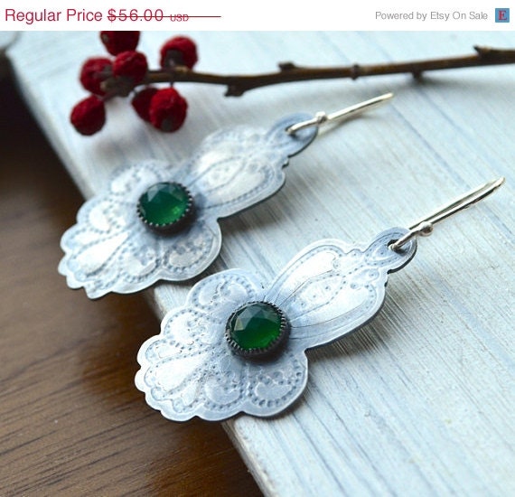 ON SALE Dainty Ornate Earrings Textured Metalwork Emerald Green Chalcedony Oxidized Silver Modern Contemporary Metal