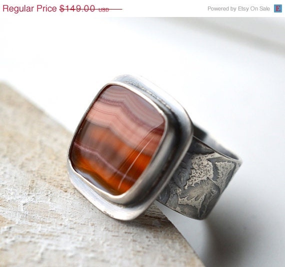 ON SALE Laguna Agate Ring, Textured Band, Cocktail Ring, Boho, Metalsmith, Metalwork, Recycled Metal,Big, Bold, Handmade