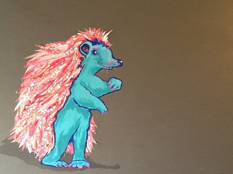 Pink and Blue Hedgehog Original Paper Collage Painting