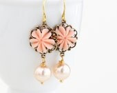 Pastel Orange Earrings, Flower Earrings, Pale Peach, Pretty Feminine Earrings, Drop Earrings
